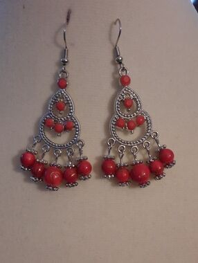 Fashion Jewelry Silver-Tone Red Bead Chandelier Earrings